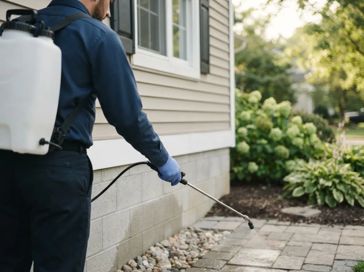 Pest control technician inspecting a home in Waterville, MN
